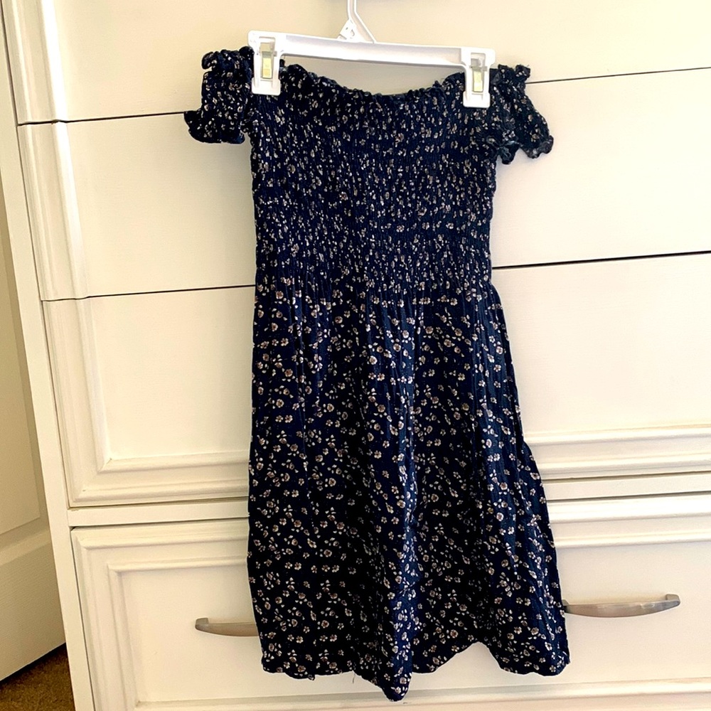 Brandy Melville dark navy blue off the shoulder summer dress w/flowers.